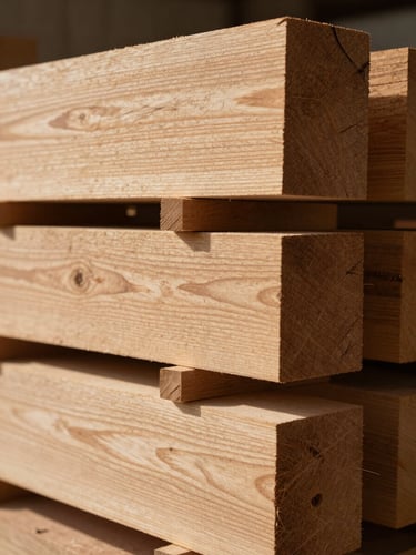 Low-angle warm editorial photograph of raw oak timber stacks in a sunlit workshop, soft side-lighting highlighting rich wood grains, shallow depth of field, 35mm