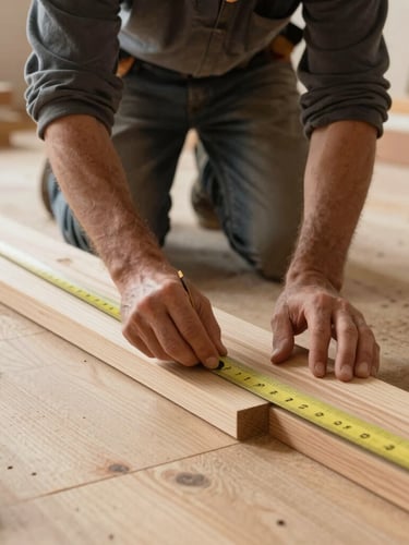 Master carpenter at work measuring and aligning raw oak planks on a prepared subfloor, soft side-lighting, 35mm