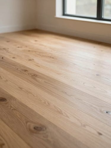 Low-angle wide shot of a finished residential room showing expansive oak floors in natural light, soft directional side-lighting from a large window highlighting wood texture, 35mm