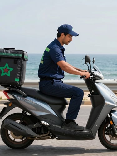 Side view of a professional Moroccan courier in clean dark blue uniform securing a package on a modern motorbike, coastal road of Safi in the background, sharp daylight.