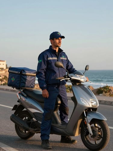 Portrait of a professional Moroccan courier in clean dark blue gear standing next to his motorbike on a coastal road in Safi, warm golden hour light, high contrast.