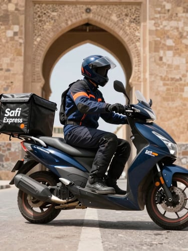 Low-angle dynamic shot of a Safi Express courier on a modern motorbike, wearing clean dark blue and orange gear, parked near the historic Bab Chaba gate in Safi, bright natural Moroccan coastal daylight, high contrast.