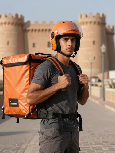 Portrait dynamique d'un coursier Safi Express équipé d'un casque et d'un sac à dos de livraison orange, posant fièrement devant le Château de Mer à Safi, lumière naturelle du jour