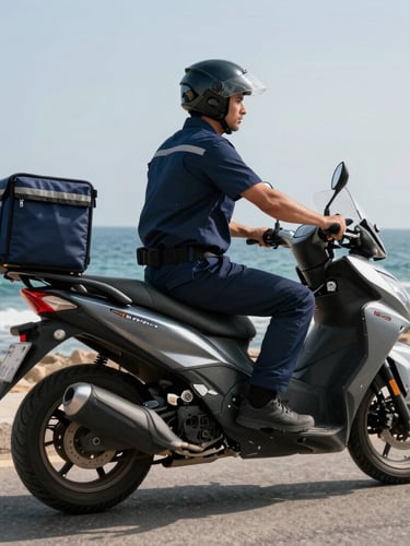 Low-angle shot of a professional courier in a clean dark blue uniform on a modern motorbike, parked on the coastal road of Safi with the Atlantic Ocean in the background, bright natural Moroccan daylight.
