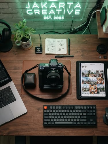 Overhead desk shot of a professional creative workspace in Jakarta, high-end camera gear, tablet showing social media grids, subtle green neon accents, sharp focus, 35mm