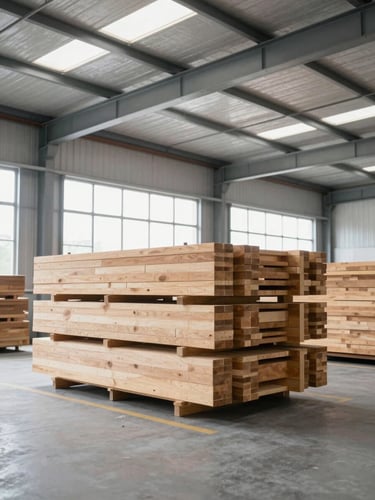 Industrial warehouse interior with stacked timber and steel beams, bright daylight from high windows, clean corporate photography, 35mm