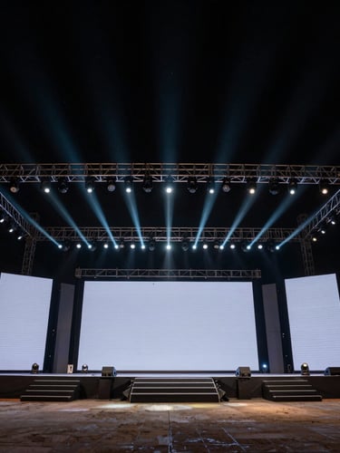 Wide-angle architectural shot of a massive corporate stage in Gurgaon, dramatic high-contrast theatrical spotlighting, sharp geometric truss structures, dark negative space.