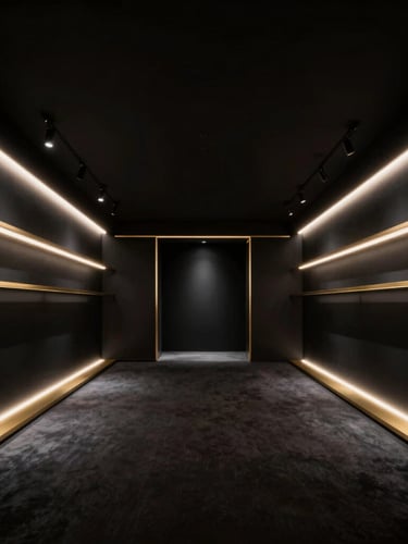 Sleek luxury retail pop-up interior, architectural lines, minimal gold trim, dramatic spotlighting on a single featured product, deep black background, wide angle