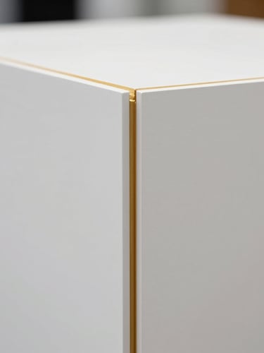Close-up macro shot of a flawlessly joined custom wooden exhibition panel, pristine white matte finish, architectural gold reveal line, sharp focus, technical precision
