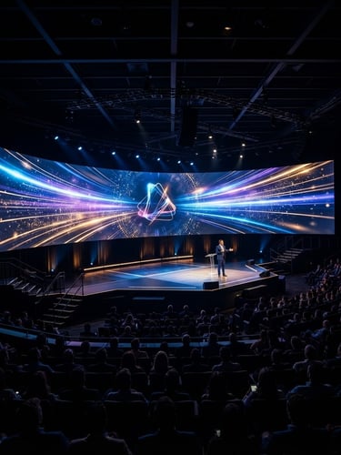Wide architectural shot of a massive LED stage at a luxury corporate keynote, deep blacks, high-contrast dramatic lighting, vibrant screen glows.