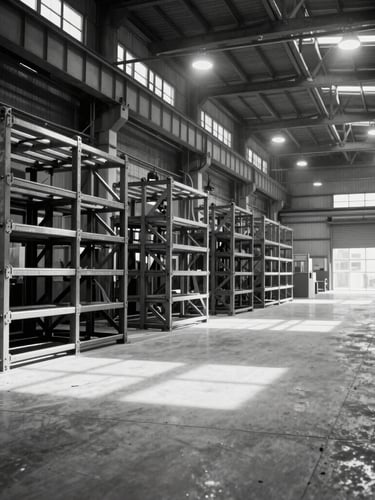 Stark black and white wide-angle photograph of a spacious industrial fabrication workshop, steel trusses stacked on the left, dramatic overhead spotlights casting sharp architectural shadows on the concrete floor, clean negative space on the right.