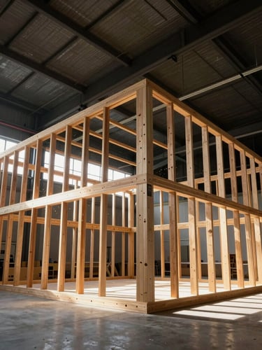 Low-angle architectural shot of a massive, half-assembled wooden exhibition structure inside a clean industrial workshop, dramatic natural light streaming through high windows, sawdust particles visible in light beams