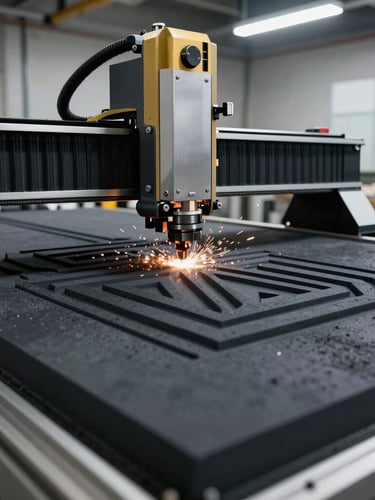 A close-up of a precision CNC router cutting a clean geometric pattern into a dark charcoal panel in a modern, brightly lit workshop, sparks and dust-free environment