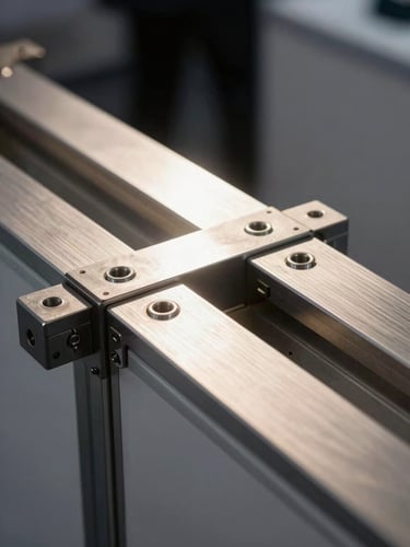Close-up of pristine fabrication details, seamless metal joints on a custom corporate exhibition stall, dramatic spotlighting highlighting structural integrity.