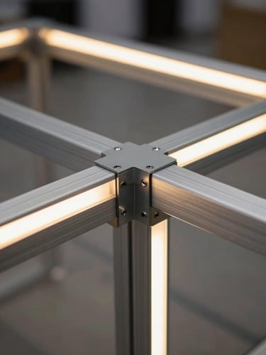 Close-up of pristine fabrication details, seamless metal joints on a custom exhibition stall frame, glowing integrated LED panel edges.