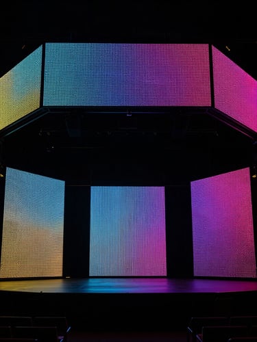 Portrait framing, tight architectural shot of a dramatic LED stage installation, deep shadows, vibrant screen glows against a dark room, minimal gold accents, high-contrast lighting.