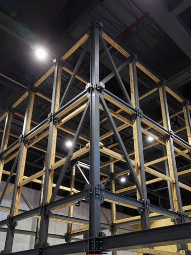 Low-angle architectural shot of a massive steel and wooden exhibition framework under dramatic venue spotlights, showing clean joints and structural integrity.