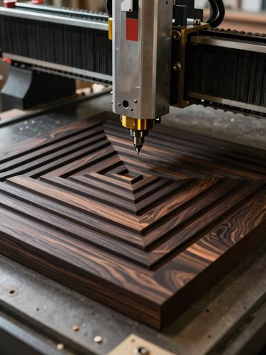 Tactile close-up of workshop fabrication. A high-precision CNC router milling a geometric pattern into a dark hardwood panel. Natural dramatic workshop light highlighting wood grain and clean edges, sharp focus.
