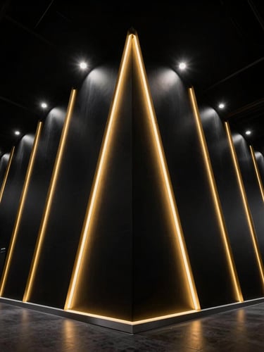 Dramatic portrait angle of a sleek, modern exhibition booth with razor-sharp gold accents against deep black walls, high-contrast lighting, architectural framing.