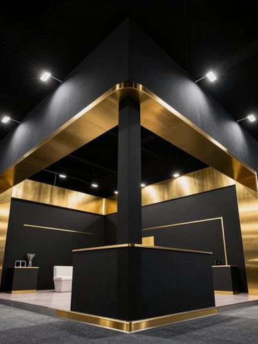 Heroic low-angle architectural photography of a massive, premium custom exhibition stall. Dramatic high-contrast venue lighting with deep charcoal structures and brushed gold accents. Sharp wide-angle lens, clean lines, no people.