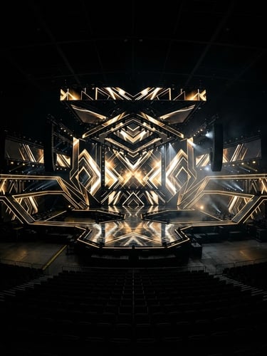 Wide-angle architectural photograph of a massive, high-contrast active LED stage in a pitch-black arena, dramatic gold lighting accents, sharp geometry, ultra-premium scale