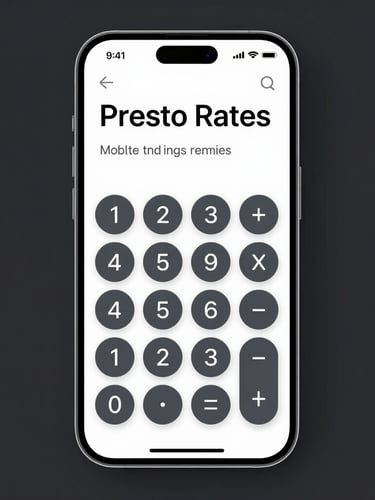 High-fidelity UI mockup of the Presto Rates mobile calculator interface, flat high-key studio lighting, stark neutral dark background, orthographic front-on frame.