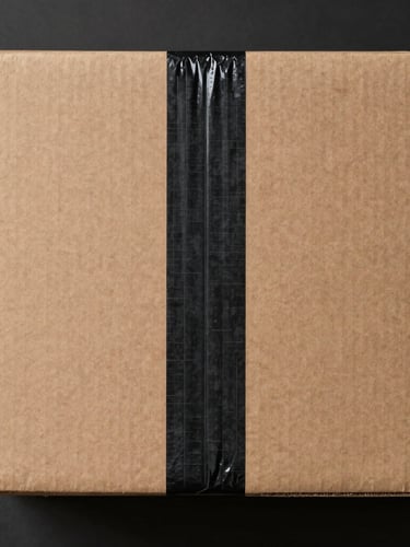 Top-down orthographic view of a clean cardboard shipping box with minimalist black packing tape, flat studio lighting, dark background.