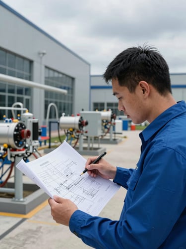 Cool overcast daylight shot of a professional electrical engineer studying blueprint schematics on-site at a modern industrial facility.