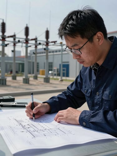 An electrical engineer analyzing blueprint schematics on-site at an industrial facility, cool-toned daylight, high-contrast shadows