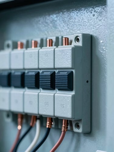 Macro detail shot of an industrial breaker panel with copper wiring, cool overcast daylight, high-contrast shadows, metallic blue tones.