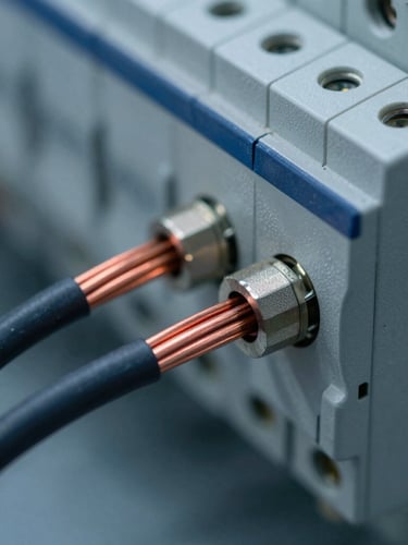 Macro close-up of heavy industrial copper wiring connected to a clean breaker panel, sharp technical lighting, cool shadows