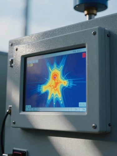 Close-up of a thermal imaging diagnostic screen showing high-contrast heat signatures on an industrial breaker panel, cool overcast daylight casting sharp shadows, high-contrast technical photography, 35mm