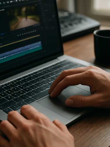 Close-up of hands scrubbing through a video timeline on a laptop trackpad, editing suite desk environment, coffee cup at the edge of frame, natural daylight from a nearby window