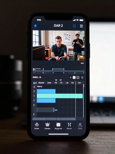 Vertical phone screen mockup showing a video editing interface with a bright timeline, monitor glow lighting from the right, tight portrait framing of the screen surface