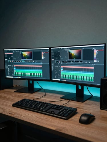Wide shot of a full editing workstation setup, two monitors displaying color grading panels, keyboard and peripheral devices visible, ambient teal monitor glow, low-angle environmental framing