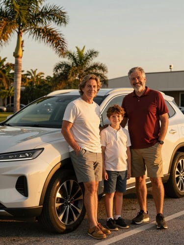 A warm, sun-drenched medium shot of a family standing proudly next to a clean SUV in Saint Petersburg, Florida, golden hour sunlight, rich tones