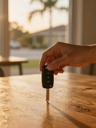 Close-up of hands passing car keys over a clean wooden table, warm Florida golden-hour sunlight streaming through a window, 35mm lens
