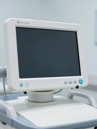 Close-up of a high-end medical diagnostic monitor in a sterile, bright daylight clinical room, sharp focus, professional editorial style.