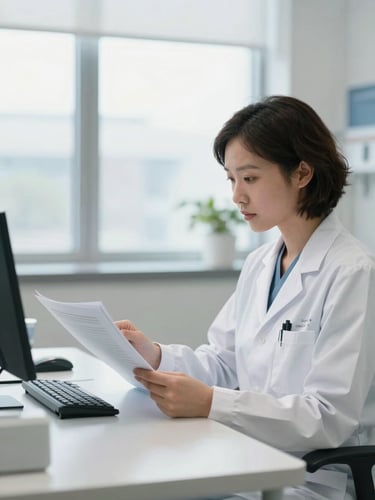 A professional Canadian clinical administrator reviewing reports in a bright, modern, clean daylight hospital office, cool sterile tones, sharp focus, 35mm lens