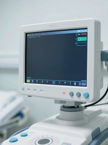 Close-up of advanced medical diagnostic monitor in a sterile, modern Canadian hospital ward, cool daylight undertones, professional editorial style, 35mm lens