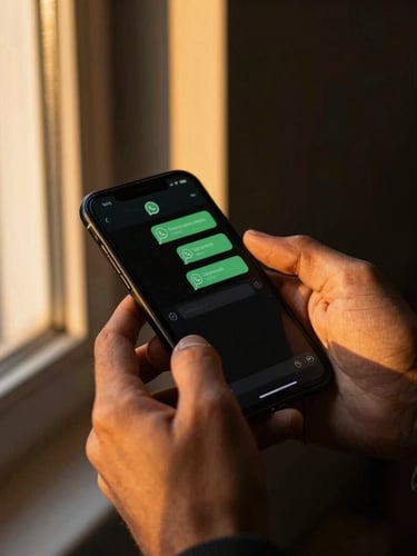 Close-up of a local merchant's hands holding a mobile phone showing an active WhatsApp chat, warm golden-hour window light, dark background, 35mm photography