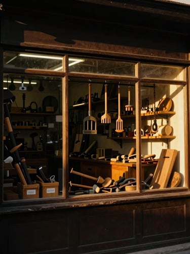 Warm editorial photography of a traditional Argentine hardware store storefront at golden hour, warm window light reflecting on wood and tools, deep shadows, 35mm