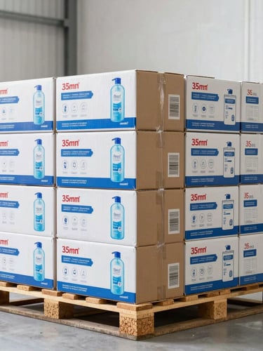 Industrial commercial photography of stacked cardboard boxes of household paper products on a wooden pallet, clean warehouse environment, bright lighting, sharp focus, 35mm