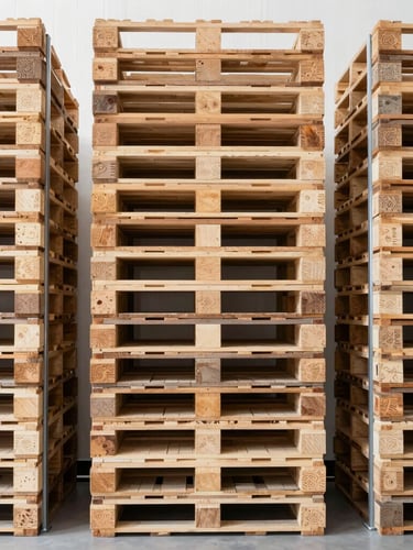 Straight-on wide-angle shot of neatly stacked warehouse pallets on industrial steel racks, bright high-key lighting, clean organized composition, 35mm