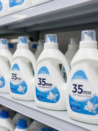 Clean, organized commercial product shot of bulk laundry detergent bottles and cleaning sprays stacked on a steel warehouse shelf, bright high-key lighting, sharp focus, 35mm