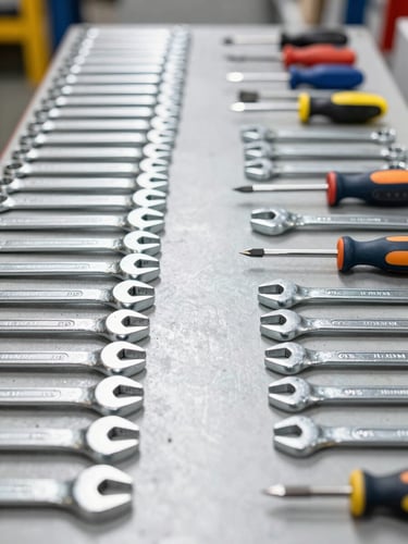 Straight-on industrial commercial photography of neatly organized steel hand tools, wrenches, and screwdrivers on a heavy workbench, bright high-key lighting, sharp focus, 35mm