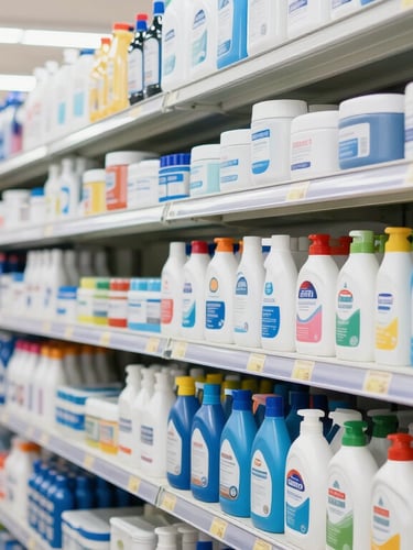Clean, organized retail shelves stocked with household goods and cleaning supplies under bright daylight, sharp commercial focus
