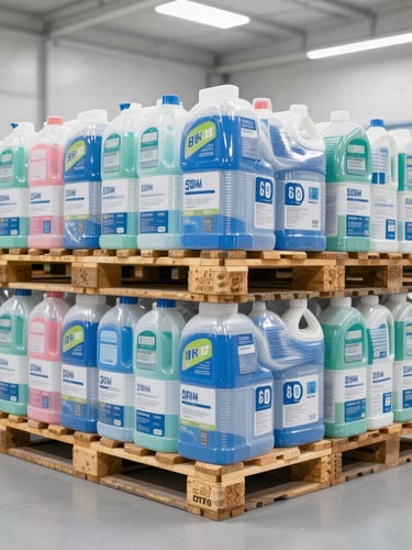 Straight-on industrial commercial photography of neatly stacked pallets of cleaning supplies in a bright high-key warehouse, sharp focus, 35mm