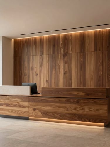 Wide shot of a sophisticated modern office reception area with custom dark wood paneling, minimalist reception desk, soft warm lighting, high-end design, 35mm