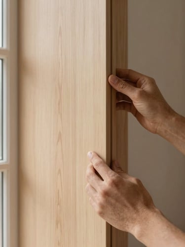 Hands of a master craftsman inspecting a finished cabinet door, warm natural wood grain, soft window lighting, detailed macro shot, editorial style